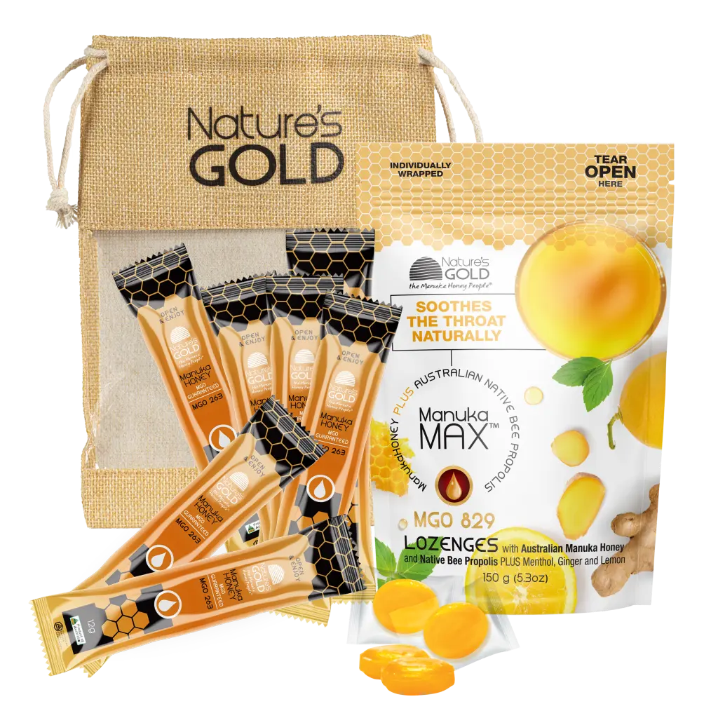 Nature's Gold Lozenges Manuka Max MGO829 gift pack with sachets and bag