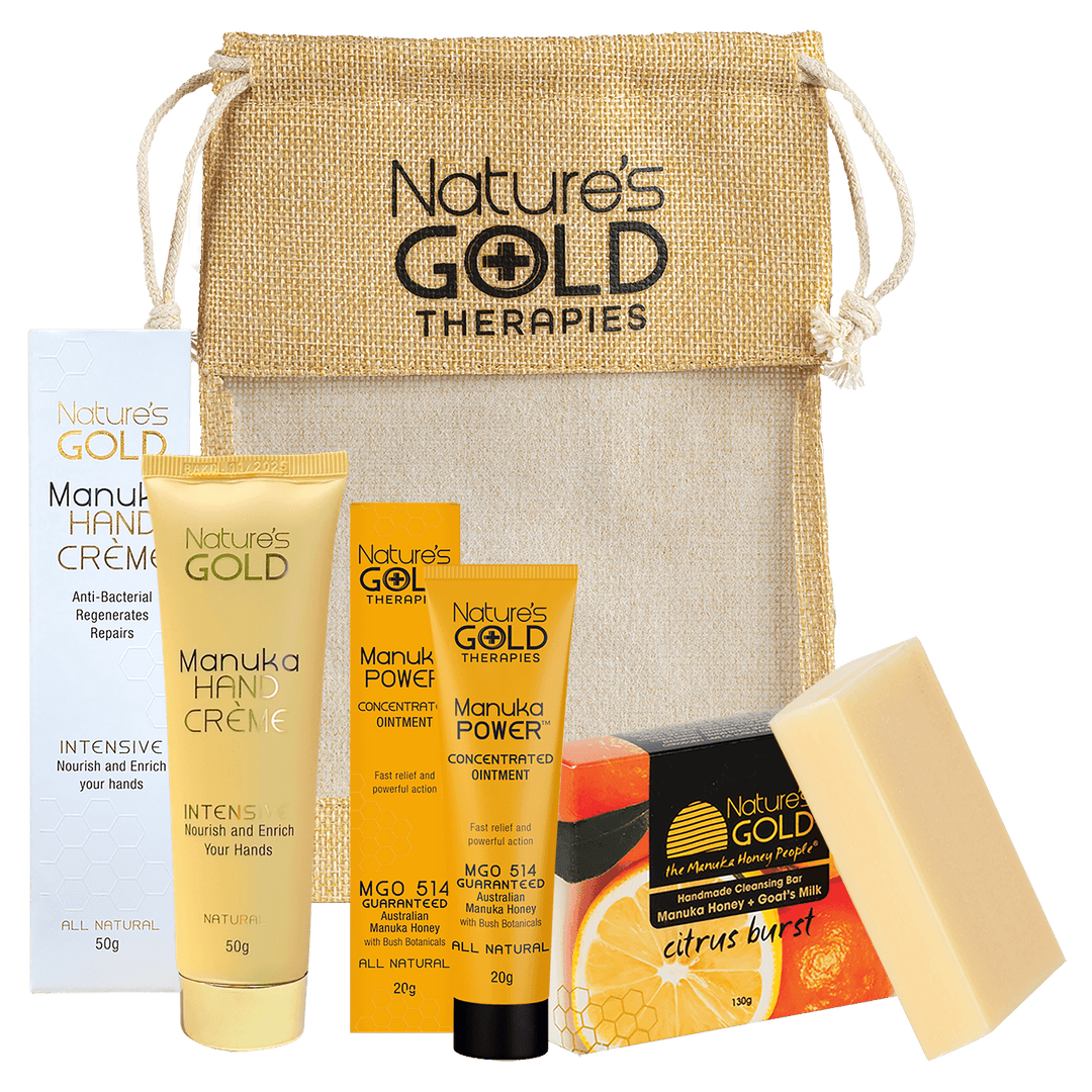 A gift pack - Manuka intensive hand cream, concentrated ointment MGO514, and citrus burst soap bar by Nature's Gold