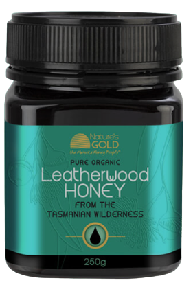 A bottle of Nature's Gold pure organic Leatherwood honey 250g
