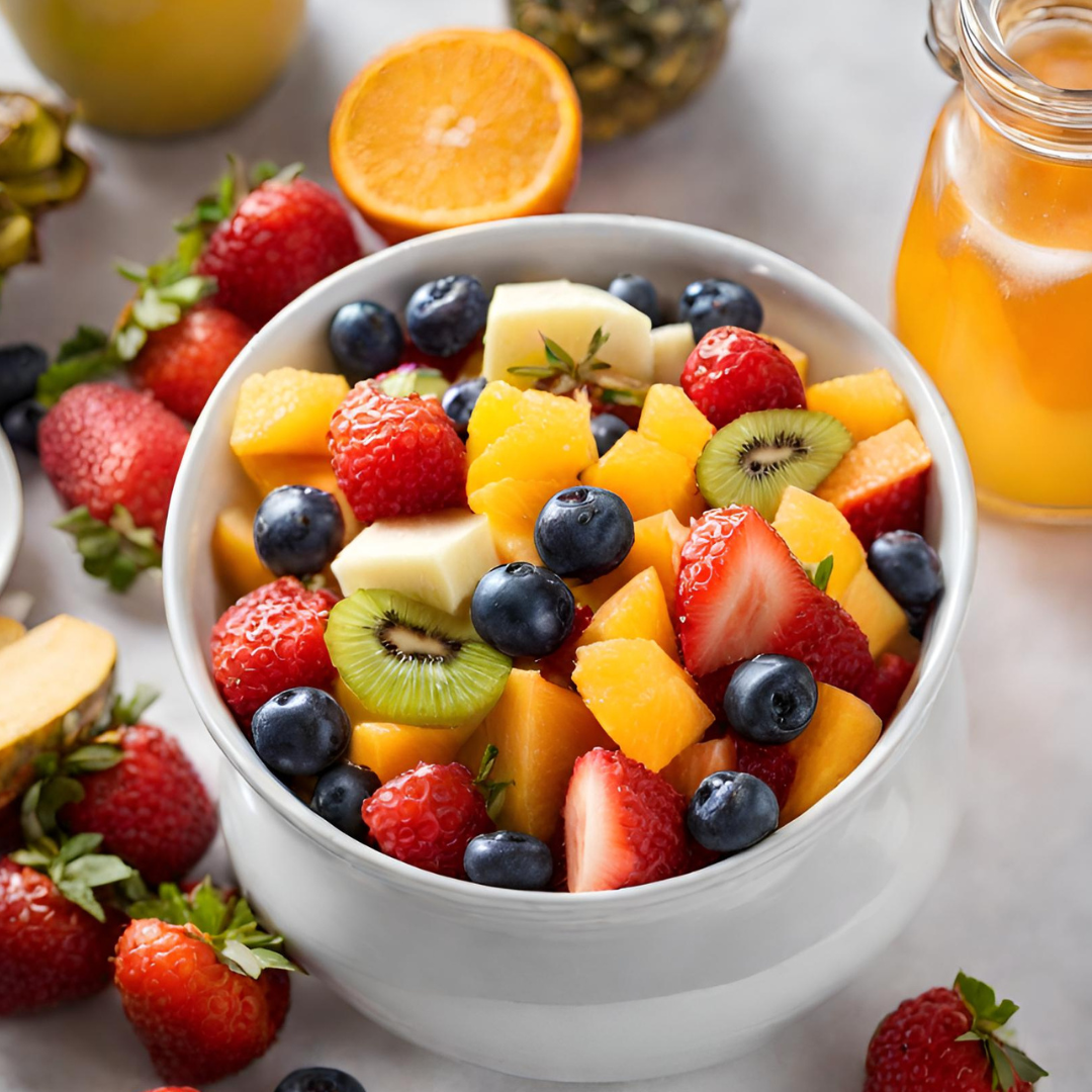 Bowl of summer fruits with a jug of honey syrup on the side