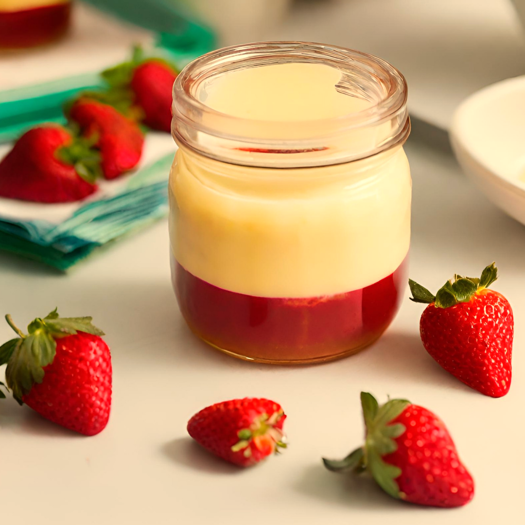 Jar with a layer of strawberry compote and Honey custard.
