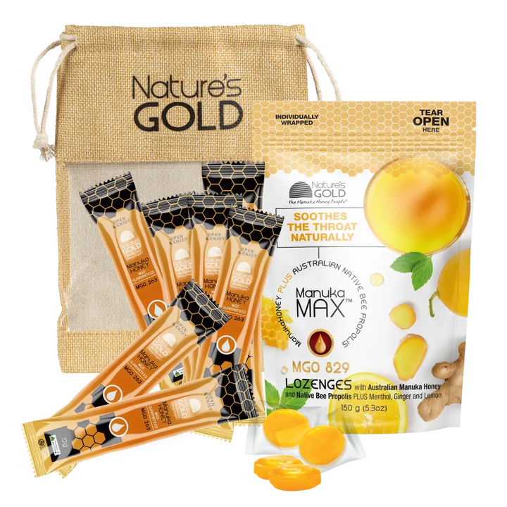 Nature's Gold Lozenges Manuka Max MGO829 gift pack with sachets and bag