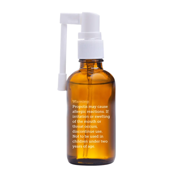 Mouth and throat spray bottle with the usage warning text