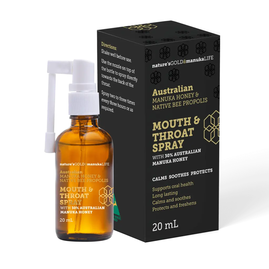 Australian Manuka Honey and Native Bee Propolis throat spray - 20ml bottle and box