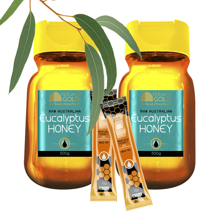 Raw Australian eucalyptus honey - 500g two bottles with two sachets of manuka honey MGO 30