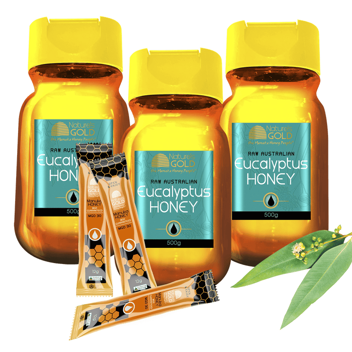 Nature's Gold eucalyptus honey squeeze - three bottles and three sachets of manuka honey MGO30