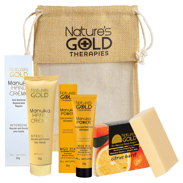 A gift pack - Manuka intensive hand cream, concentrated ointment MGO514, and citrus burst soap bar by Nature's Gold