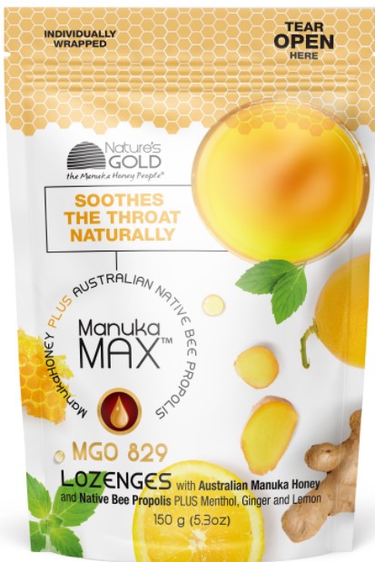Lozenges package with Manuka Max plus Australian native been propolis MGO829 - Natures Gold