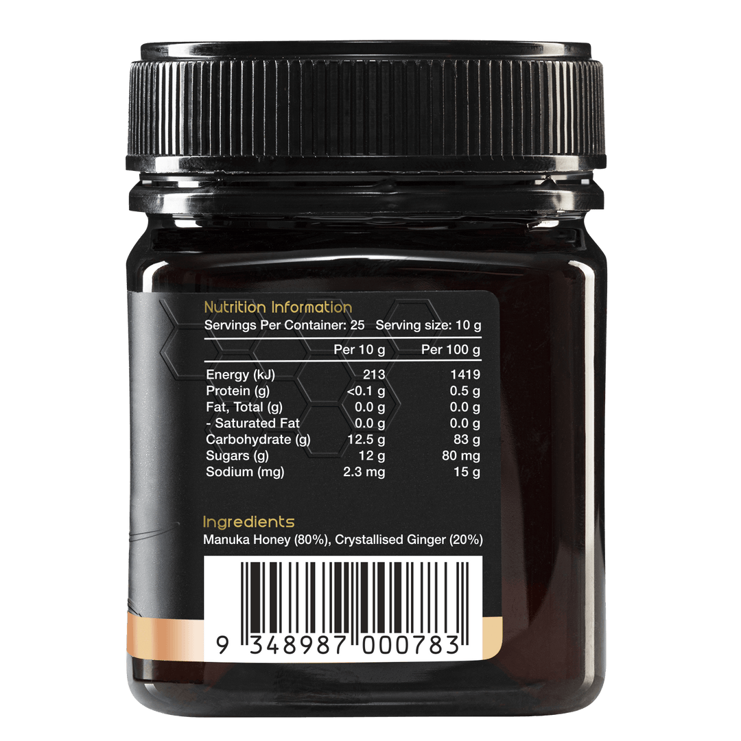Manuka honey with real ginger - information label side