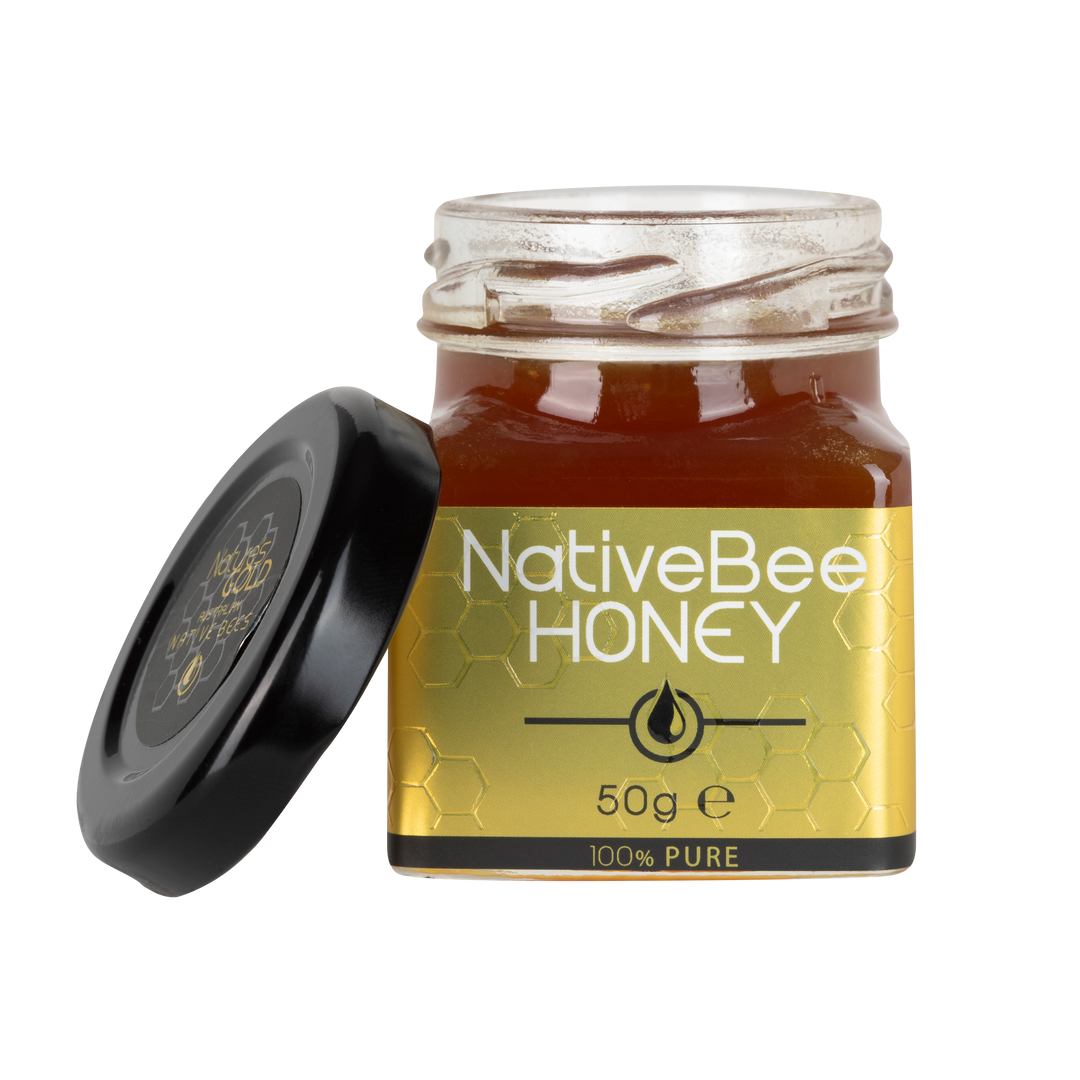 Native bee honey 50g bottle open - front