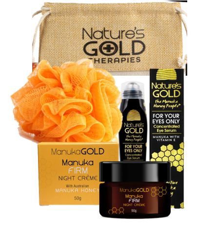Manuka gold gift pack with manuka firm night cream, For Your Eyes Only serum, and orange shower scrub