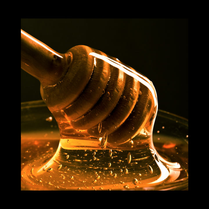 Rich honey spoon dipped in honey on black background