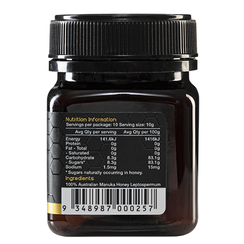 Manuka honey 100g bottle - nutrition information side