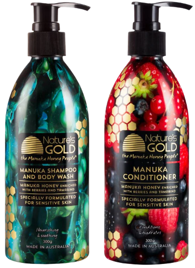 A bottle of manuka shampoo and body wash and manuka conditioner 300g  by Nature's Gold